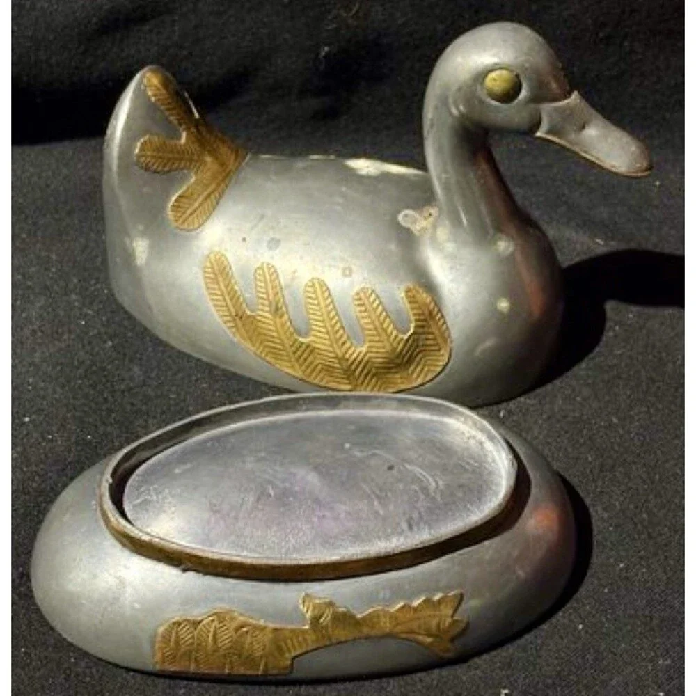 Vintage Pewter & Brass Duck Trinket Dish – Lidded Metal Bird Jewelry Box MCM